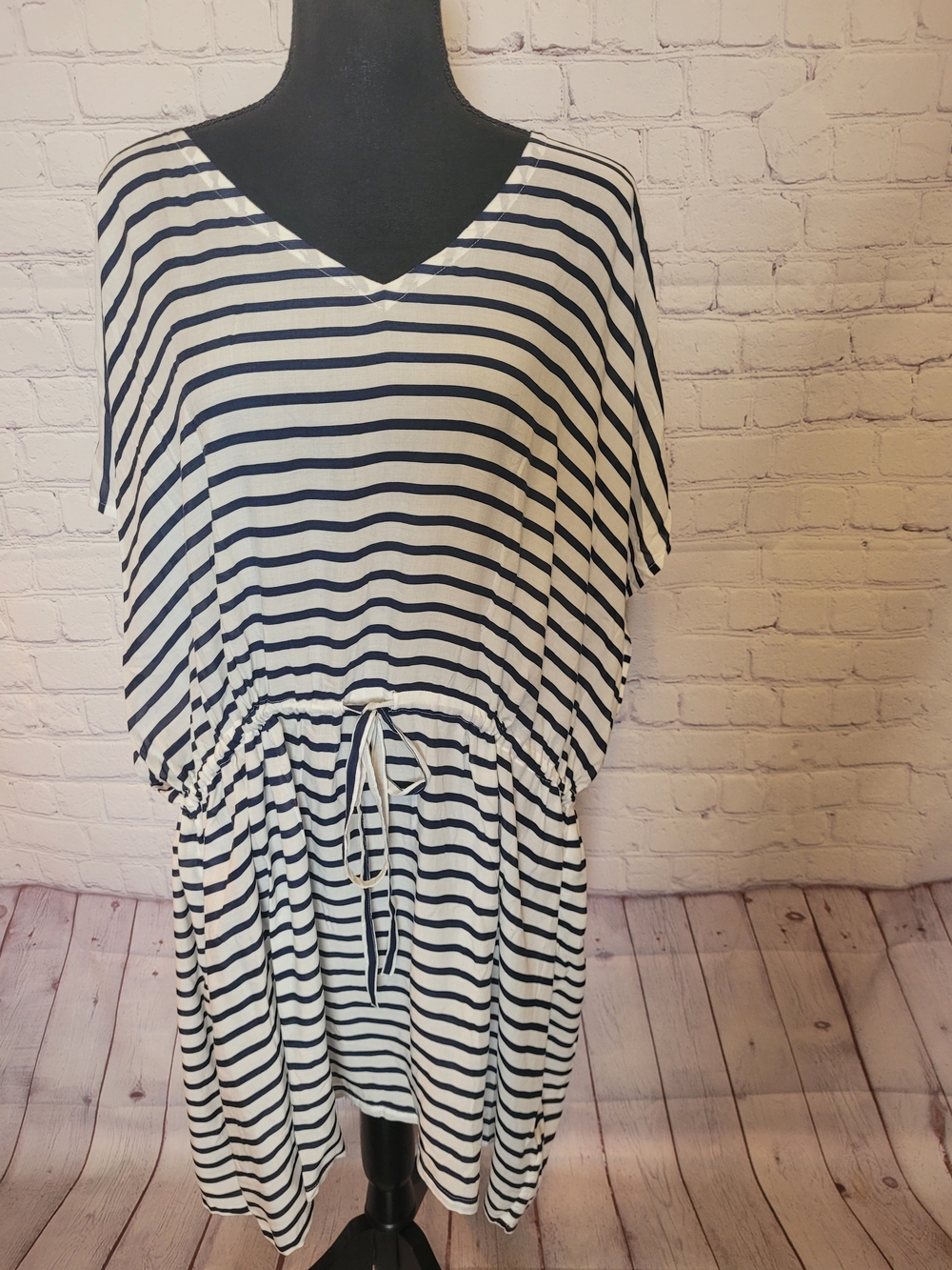 Lands' End XL White Navy Striped V Neck Swim Cover Up Long Drawstring Waisted